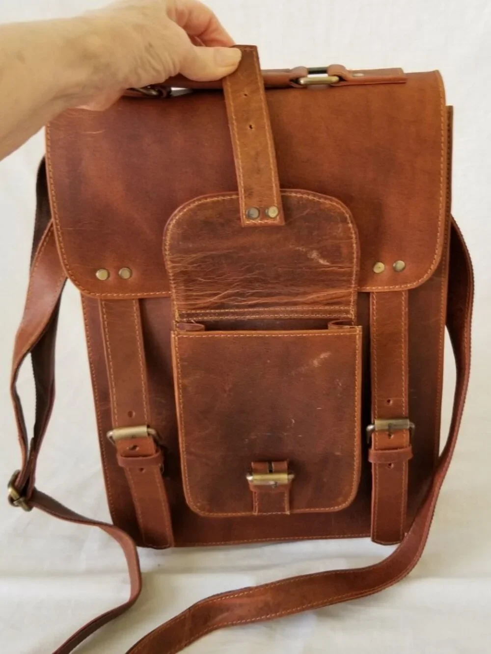 NWOT! Leather Messenger Shoulder Bag with Brass-tone Hardware & Detachable Strap